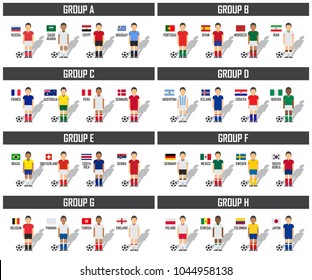 Soccer cup 2018 team group set . Football players with jersey uniform and national flags . Vector for international world championship tournament .