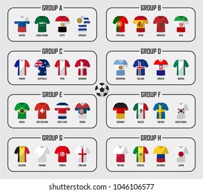 Soccer cup 2018 team group set . Football players with jersey uniform and national flags . Vector for international world championship tournament .