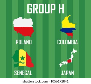 Soccer cup 2018 team group H. International Country Maps With Flags Grunge Style. 