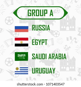 Soccer cup 2018 team group A. International Country Flags On Traditional Background.