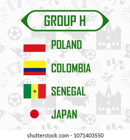 Soccer cup 2018 team group H. International Country Flags On Traditional Background.