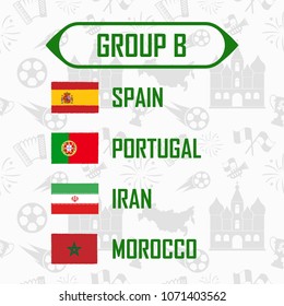 Soccer cup 2018 team group B. International Country Flags On Traditional Background.