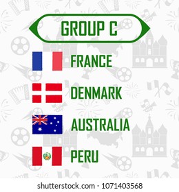 Soccer cup 2018 team group C. International Country Flags On Traditional Background.