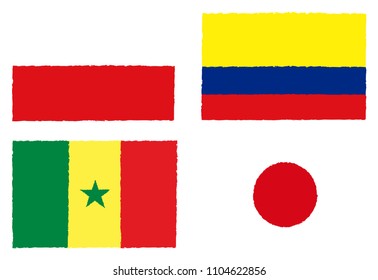 Soccer cup 2018 team group H. International Country Flags On White Background.