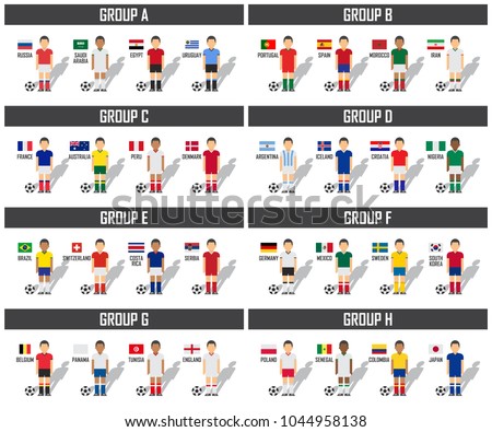 Soccer cup 2018 team group set . Football players with jersey uniform and national flags . Vector for international world championship tournament .