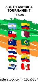 Soccer cup 2020 . Set of national flags team . Vector for South American Tournament.  It will be held in Argentina and Colombia. Suitable for card, poster and banner 