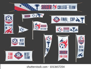 Soccer cup championship banners and flags icons design templates. Vector isolated football team league information posters of soccer ball and arena stadium, placards and ridgepole flags