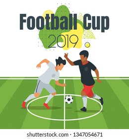 Soccer cup design element or card. Football game banner template with man silhouettes playing on the stadium. Vector illustration.