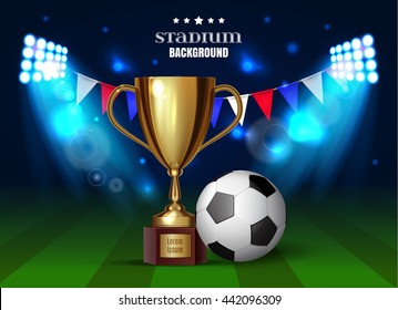 Soccer cup, football championship, soccer ball with a gold realistic cup on stadium background. Vector illustration. eps 10
