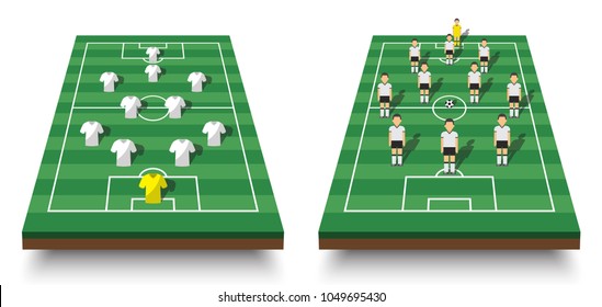 Soccer cup formation and tactic . Set of perspective view football field and players with jersey on white isolated background . Vector for international world championship tournament 2018 concept .