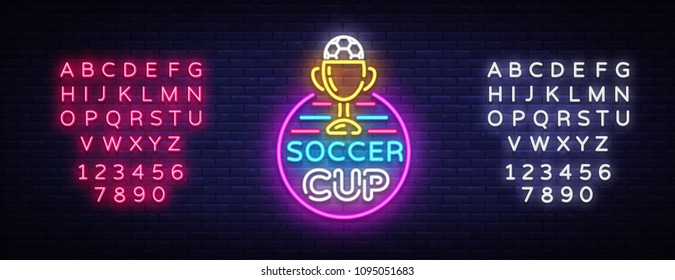 Soccer Cup Logo Neon Vector. Design Template Soccer Neon Sign, Bright Night Signboard, Design Element for Football Advertising, Championship European Football Symbol. Vector. Editing text neon sign