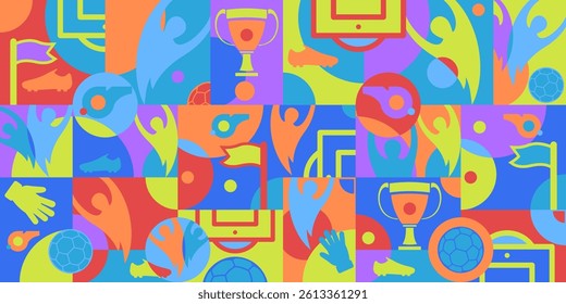 Soccer cup multicolor background, football accessories, award club banner, 26 world design trends, vector illustration