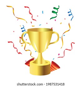 Soccer cup and party elements isolated on white background. Football game concept with golden color. 2022 football game celebration concept. Design with a winner cup on a white background.
