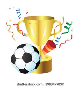 Soccer cup and party elements isolated on white background. Football game concept with golden color. Design with a winner cup on a white background.