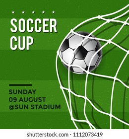 Soccer Cup Poster Design with Soccer Ball & Goal Net in Green Soccer Field