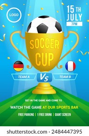 Soccer Cup poster design vector illustration. Golden trophy with football ball on green field