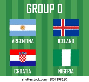 Soccer cup team group D. International Country Flags Grunge Style. 