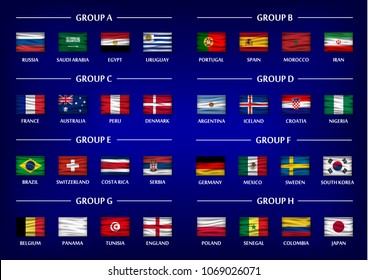 Soccer cup team group set . Realistic wavy national flags on gradient blue color background . Vector for international world championship tournament 2018 .