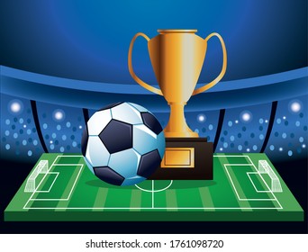 soccer cup tournament poster with balloon and trophy vector illustration design