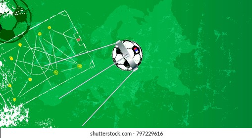 Soccer design template with sputnik satellite and soccer ball, vector, copy space