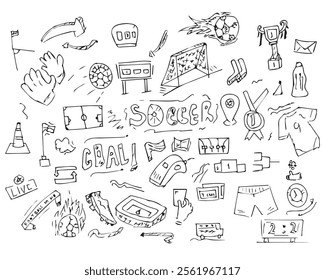 Soccer doodle elements Hand drawn sketch style