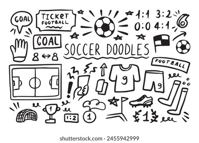 Soccer doodle elements set. Football sport ball, winner cup. Hand drawn sketch style. Vector illustration