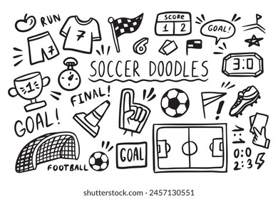 Soccer doodle elements set. Football sport ball, winner cup. Hand drawn sketch style. Vector illustration