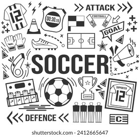 Soccer doodle icon set. Hand drawn vector illustration on white background.