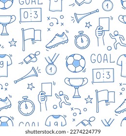 Soccer doodle seamless pattern. Football goal, award cup, whistle hand drawn line doodle sketch style equipment icon. Vector illustration