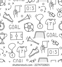 Soccer doodle seamless pattern. Football goal, award cup, whistle hand drawn line doodle sketch style equipment icon. Vector illustration