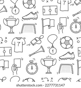 Soccer doodle seamless pattern. Football goal, award cup, whistle hand drawn line doodle sketch style equipment icon. Vector illustration