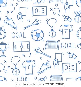 Soccer doodle seamless pattern. Football goal, award cup, whistle hand drawn line doodle sketch style equipment icon. Vector illustration