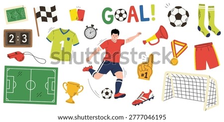 Soccer elements in cartoon doodle style. Sports equipment, soccer ball, sport uniform, soccer shoes, ball, soccer field