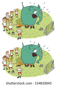 Soccer Elephant Differences Visual Game. Task: find 10 differences! Solution in hidden layer (vector file only). Illustration is in eps8 vector mode!