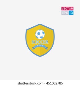 Soccer. Emblem ball on shield. Vector illustration on white background