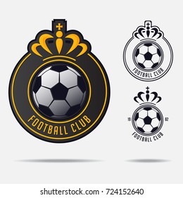 Soccer emblem or Football Badge Logo Design for football team. Minimal design of golden crown and classic soccer ball. Football club logo in black and white icon. Vector Illustration.