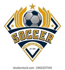 Diseño del logo del emblema de fútbol. el fútbol como icono por encima de la marca, muy adecuado para clubes de fútbol o aficionados al deporte.