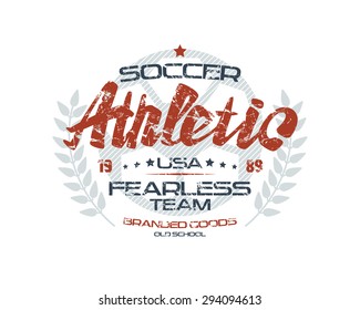 Soccer emblem with shabby texture. Graphic design for t-shirt. Color print on white background