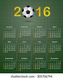 Soccer English calendar for 2016 on green linen texture. Vector illustration