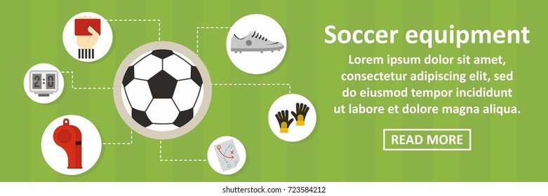 Soccer equipment banner horizontal concept. Flat illustration of soccer equipment banner horizontal vector concept for web design