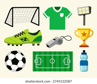 Soccer equipment collection in flat style for football theme. Perfect for icon set, poster, and branding.