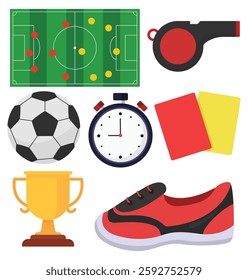 Soccer equipment flat icons set isolated on white background.