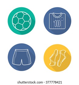 Soccer Equipment Flat Linear Long Shadow Icons Set. Football Player Uniform. Shirt, Boots And Shorts. Soccer Ball. Football Player Kit. Soccer Accessories. Outline Logo Concept. Vector Illustrations