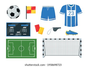 Soccer equipment set. Elements and accessories for sport match. Ball, gate, clothing, scoreboard and court for playing soccer. Flat vector icons isolated on white background.