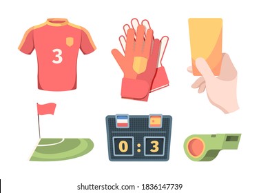 Soccer Equipment Set. Red Shirt Of Football Club Player Goalkeeper Gloves Hand Holds Yellow Card Electronic Scoreboard Green Referees Whistle And Flag Corner Zone. Vector Sports Game.