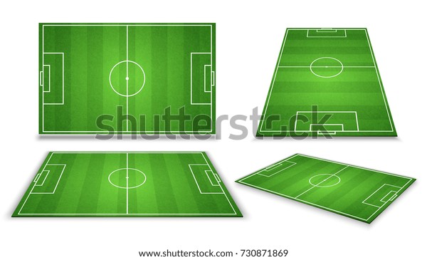 Soccer, european football field in different point\
of perspective view. Isolated vector illustration. Soccer green\
field for game