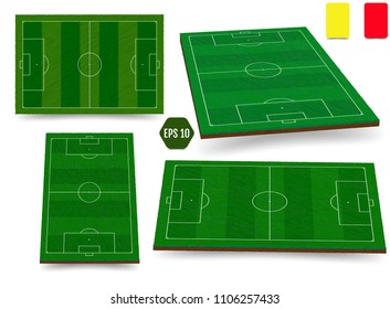 Soccer, European football field in top view different angles point of perspective view. Isolated vector illustration. Soccer set of green field for game