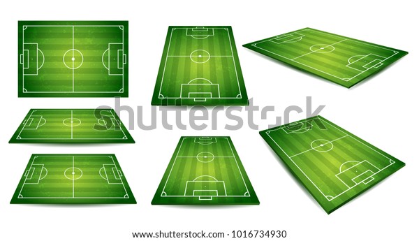 Soccer, European football field in top\
view different angles point of perspective view. Isolated vector\
illustration. Soccer set of green field for game\
