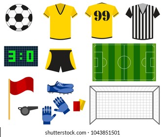 Soccer or european football flat icons set. Uniform, ball, football goal, soccer field, shoes and gloves isolated on white background. Tournament vector illustration