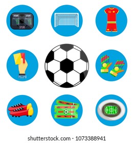 Soccer european football set. Rewards ball field whistle red uniform flag goal gloves boots stadium scoreboard cards tickets. Modern flat cartoons vector illustration icon. Isolated on white, blue
